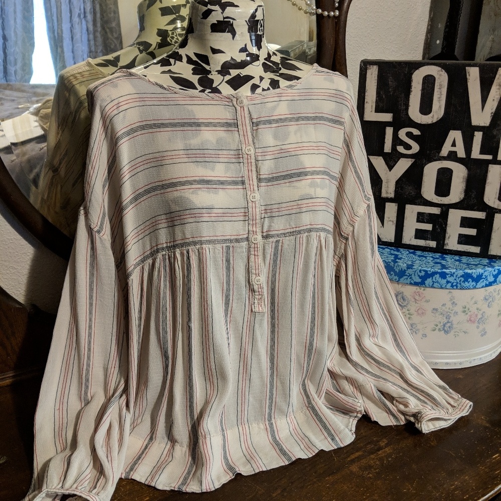 Boho Top Long Sleeve Cream Red Striped - Picture 1 of 8